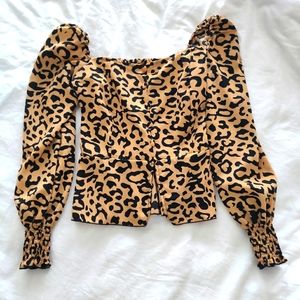 Off the Shoulder Leopard Print Cropped Blouse Smocked Back and Sleeves